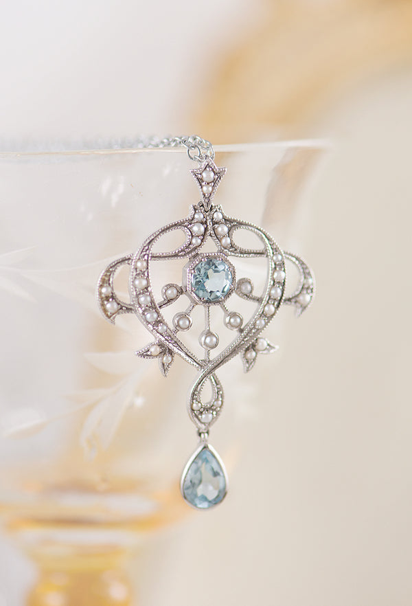 9K white gold Topaz and Freshwater pearl art deco style pendant