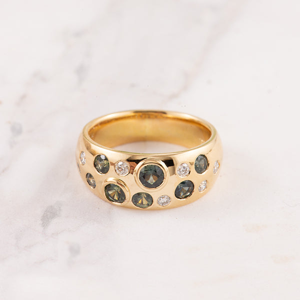 Starry Night Ring 18K with teal Australian Sapphires and Diamonds