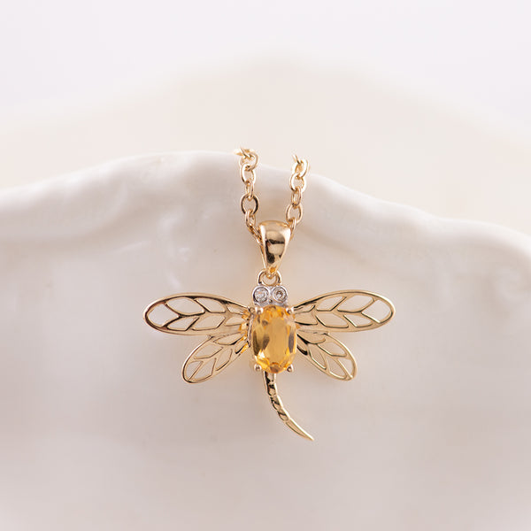 9ct YG Citrine and diamond dragonfly pendant