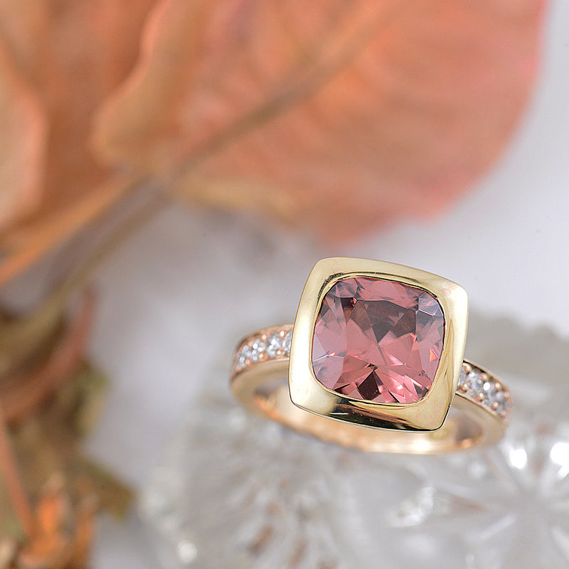 9K Yellow Gold peach Zircon with Diamonds