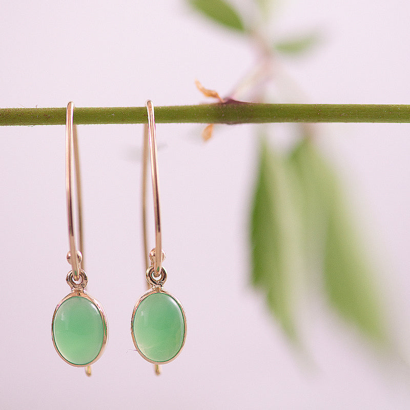 9ct Bezel Set Oval Cabochon Chrysoprase Hook Drop Earrings