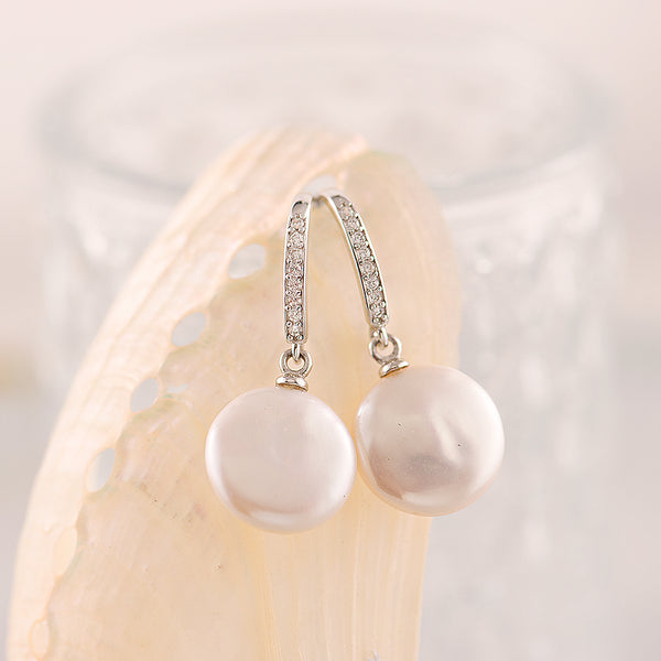 Coin freshwater pearl, CZ hook earrings