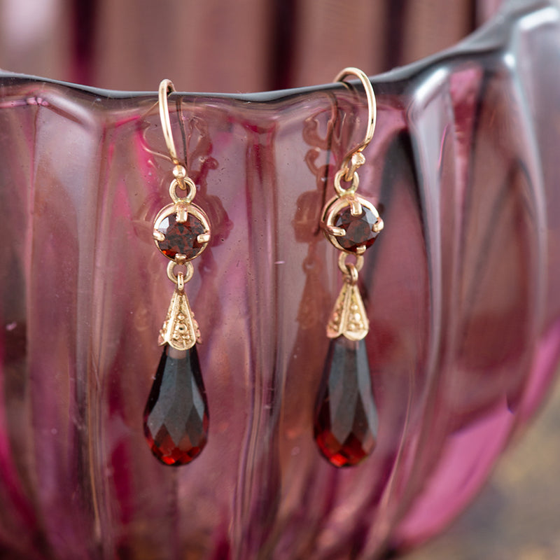 9ct Rose Gold Edwardian Style Briolette Garnet Drop Earrings