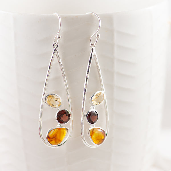 Silver Amber Garnet, citrine earrings