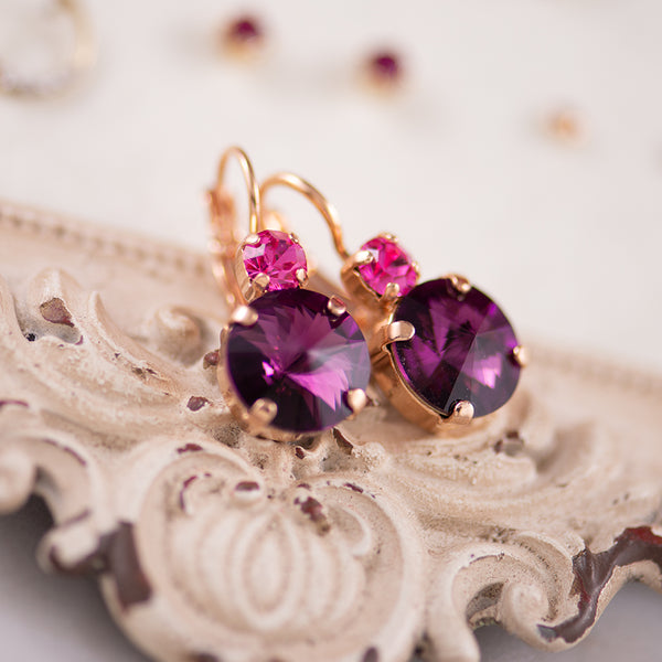 Rose gold plated purple and pink Austrian Crystal earrings