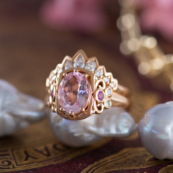 Morganite, Diamond, and Pink Sapphire Rose Gold, Filigree Ring