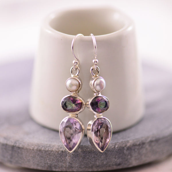 Mystic quarts, amethyst and FWP silver drop earrings