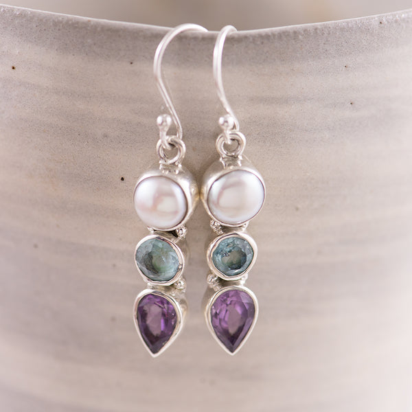 Sterling Silver, FWP, blue Topaz & Amethyst drop earrings