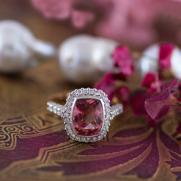 Tourmaline Pink Checkerboard Faceted Ring with Diamonds