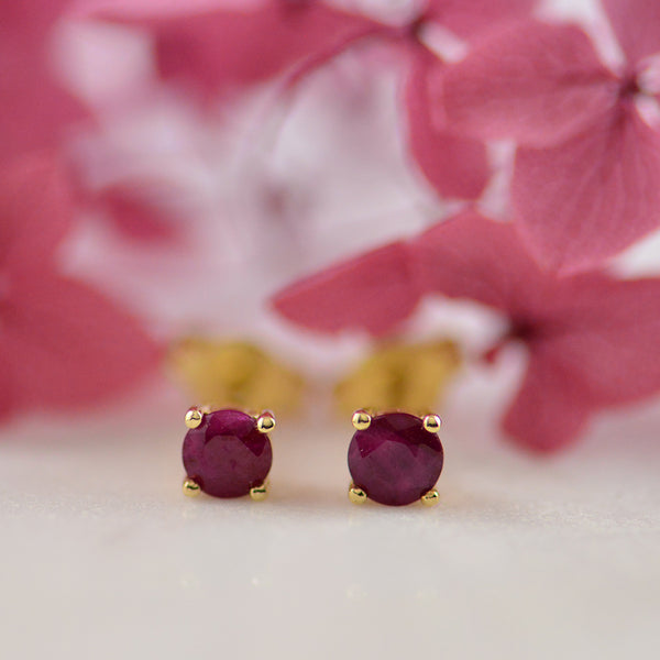 Yellow Gold, four claw, Ruby stud earrings