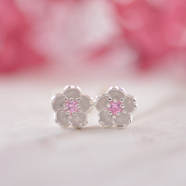Sterling Silver Flower stud earring with Pink centre stone