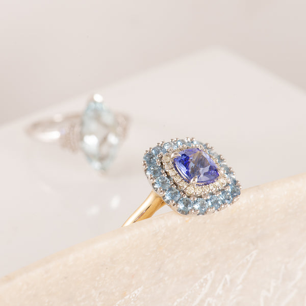 Tanzanite, Aquamarine and Diamond Ring