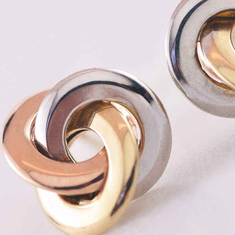 Rose, yellow and white gold open knot stud earrings