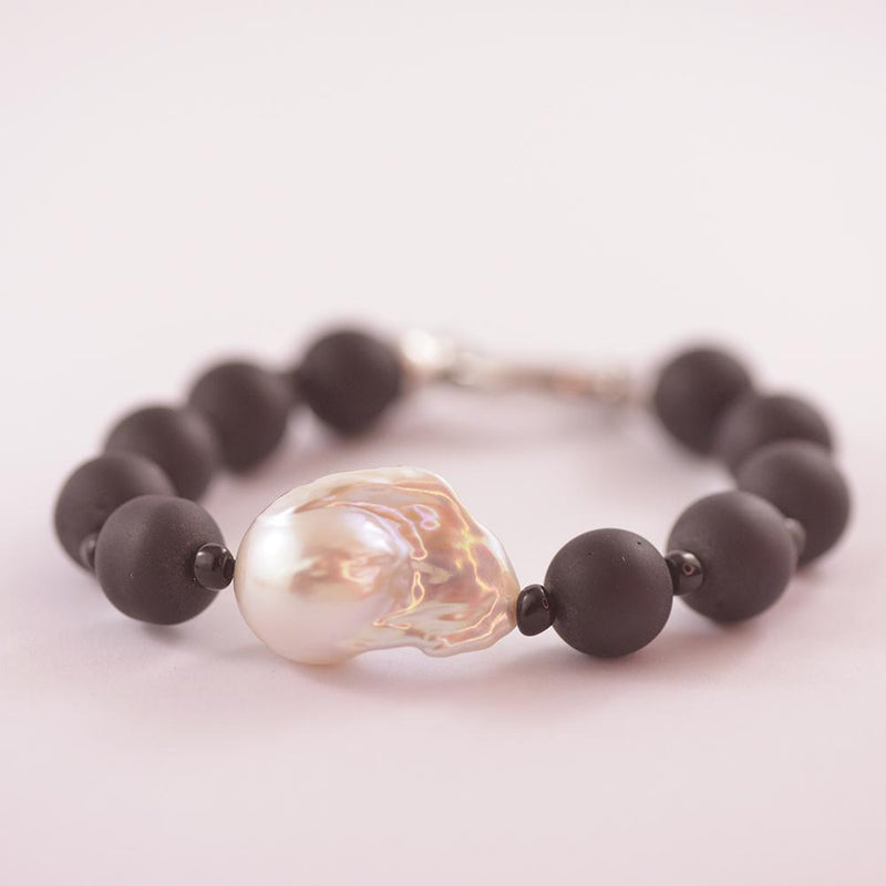 Matte Glass Bead and Baroque Pearl Bracelet