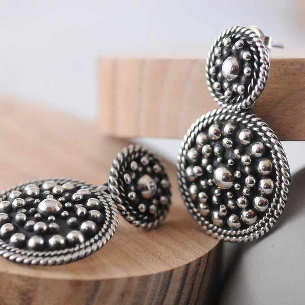 Boho Sterling Silver, Double Circle Stud Earrings.